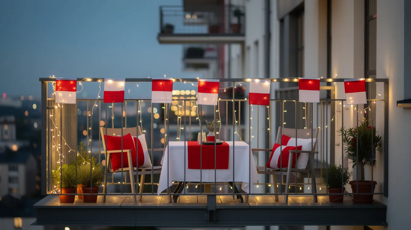 The image features a vibrant apartment balcony adorned with red and white decorations, including small lights and flags, celebrating Singapore's National Day. This festive display reflects the spirit of the national celebrations, with colors symbolizing unity and pride in the country's heritage.