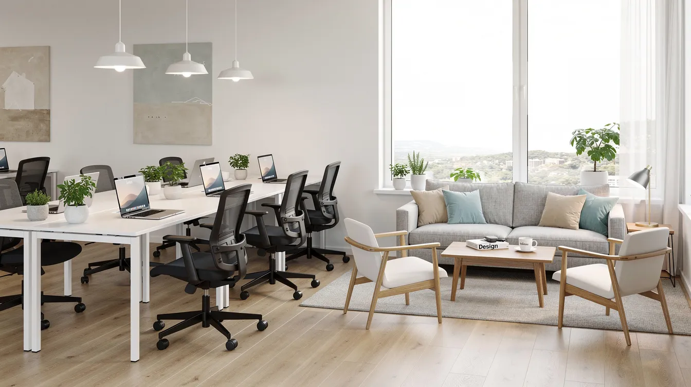 En modern kontorsmiljö med skandinaviska designmöbler som inkluderar ergonomiska kontorsstolar och skrivbord, där naturligt ljus strömmar in. Rummet är inrett med stiliga detaljer och erbjuder en bekväm arbetsplats för långa timmar.