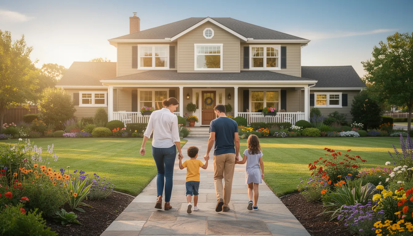 A young family is walking together towards a large suburban home, embodying the excitement of the home buying process in Connecticut. The scene captures the essence of new residents exploring their potential new home in a community known for its excellent schools and lifestyle amenities.