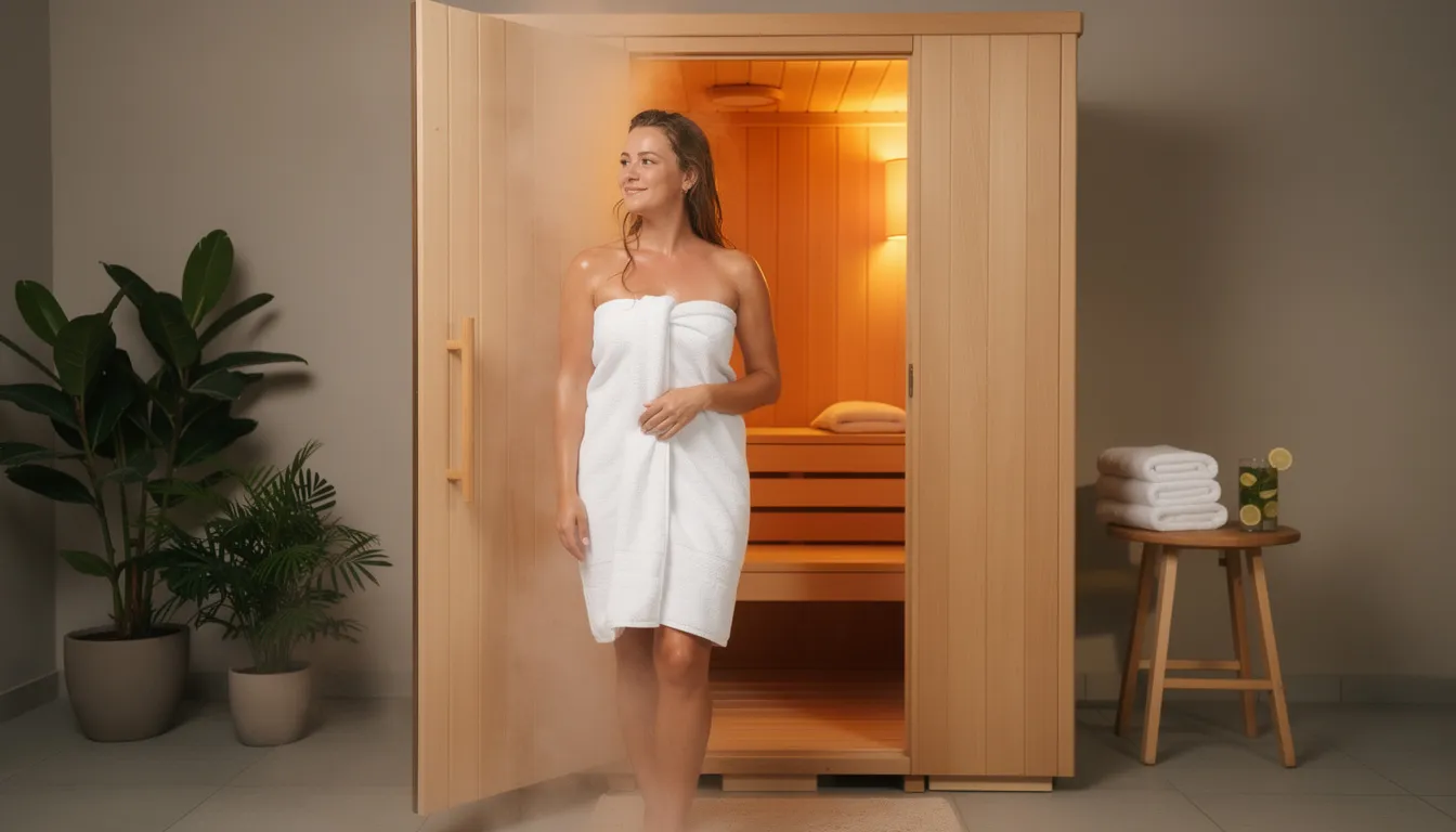 A person is emerging from a wooden sauna, appearing relaxed and refreshed in a serene home spa setting, highlighting the benefits of sauna bathing for cardiovascular health and overall well-being. The warm atmosphere suggests a lifestyle practice that promotes improved blood flow and helps reduce chronic inflammation.