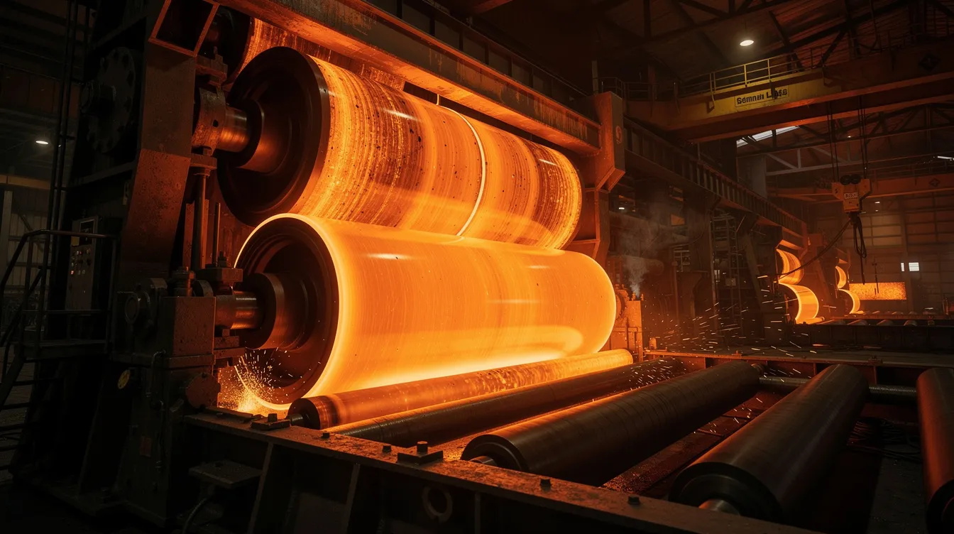 A glowing orange steel slab is being processed through large industrial rollers in a factory, showcasing the hot rolled steel manufacturing process. The intense heat and pressure reshape the steel, preparing it for further processing into various shapes and structural components.