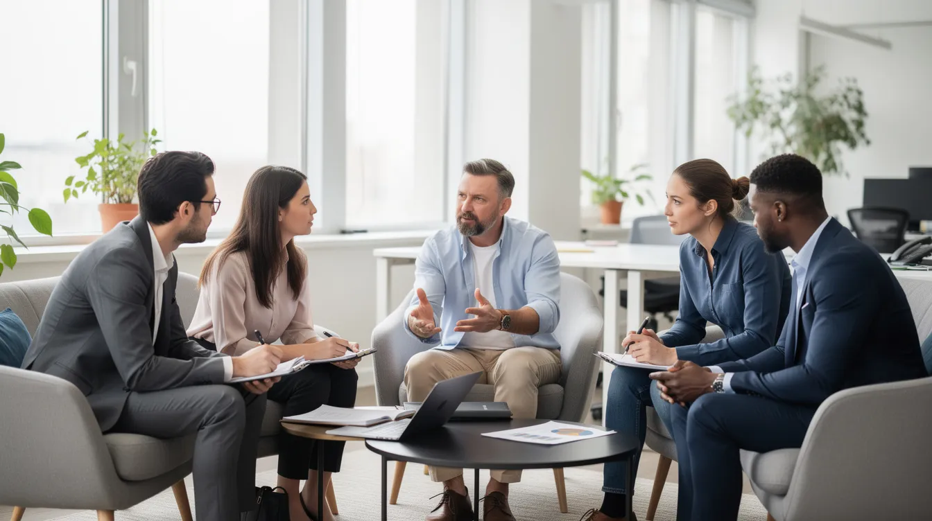 L'image montre une équipe de cinq personnes assises en cercle dans un espace de travail lumineux, engagées dans une discussion structurée. Cette dynamique favorise la cohésion d'équipe et permet de transformer les désaccords en levier de créativité et de performance.