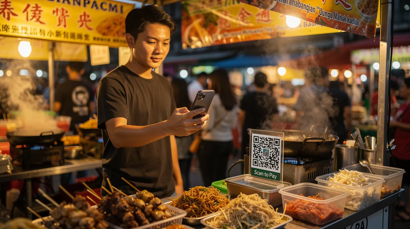 A person is scanning a QR code at a vibrant Malaysian street food stall using their smartphone, showcasing the convenience of digital payments and cashless transactions. This scene highlights the growing use of e wallets in Malaysia for quick and secure payments while enjoying local cuisine.