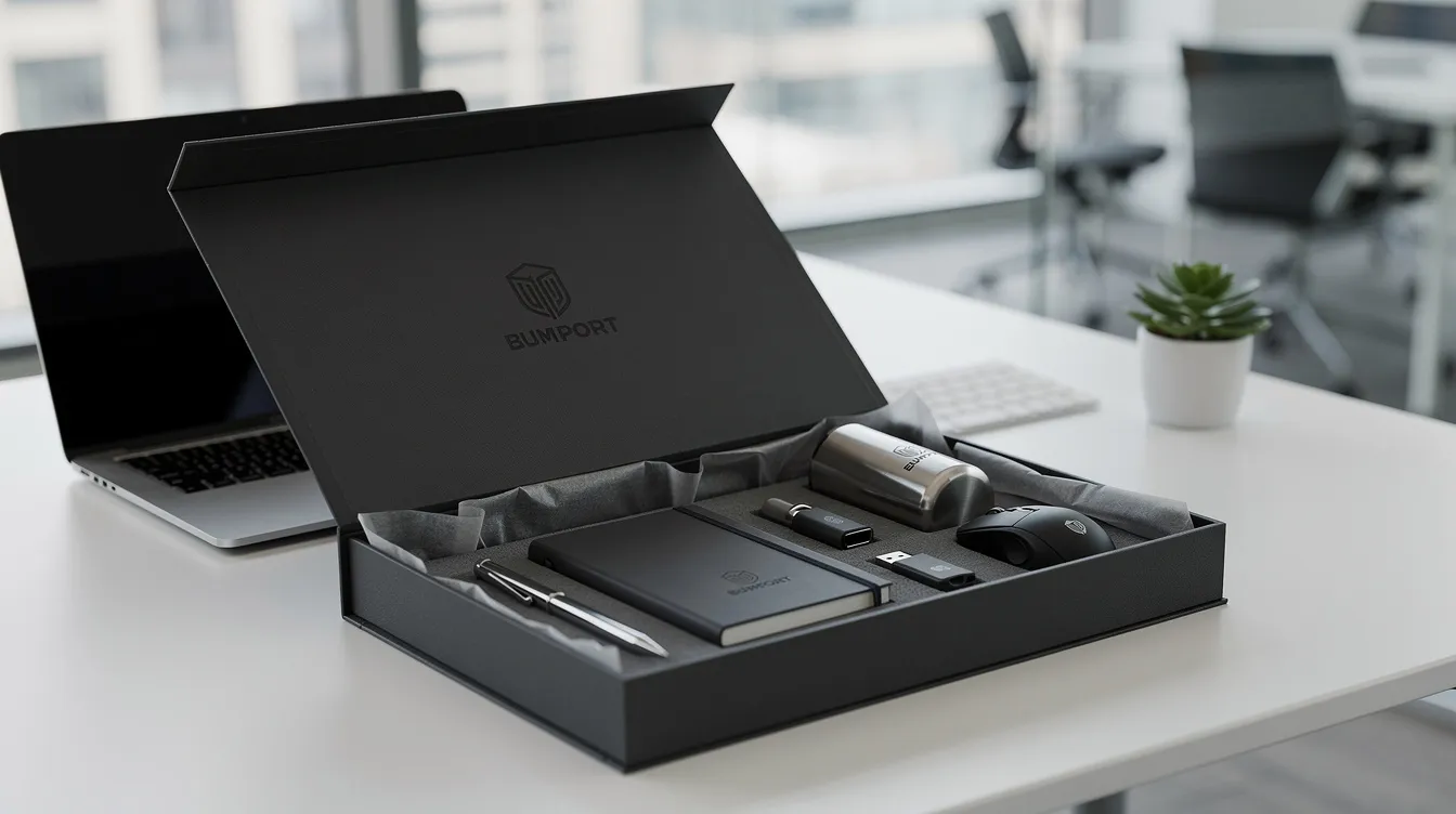 Na biurku w nowoczesnym biurze znajduje się eleganckie pudełko prezentowe otwarte, wypełnione gadżetami reklamowymi z logo firmy. Wśród praktycznych upominków można dostrzec długopisy i kubki, które mogą zwiększyć rozpoznawalność marki wśród potencjalnych klientów.