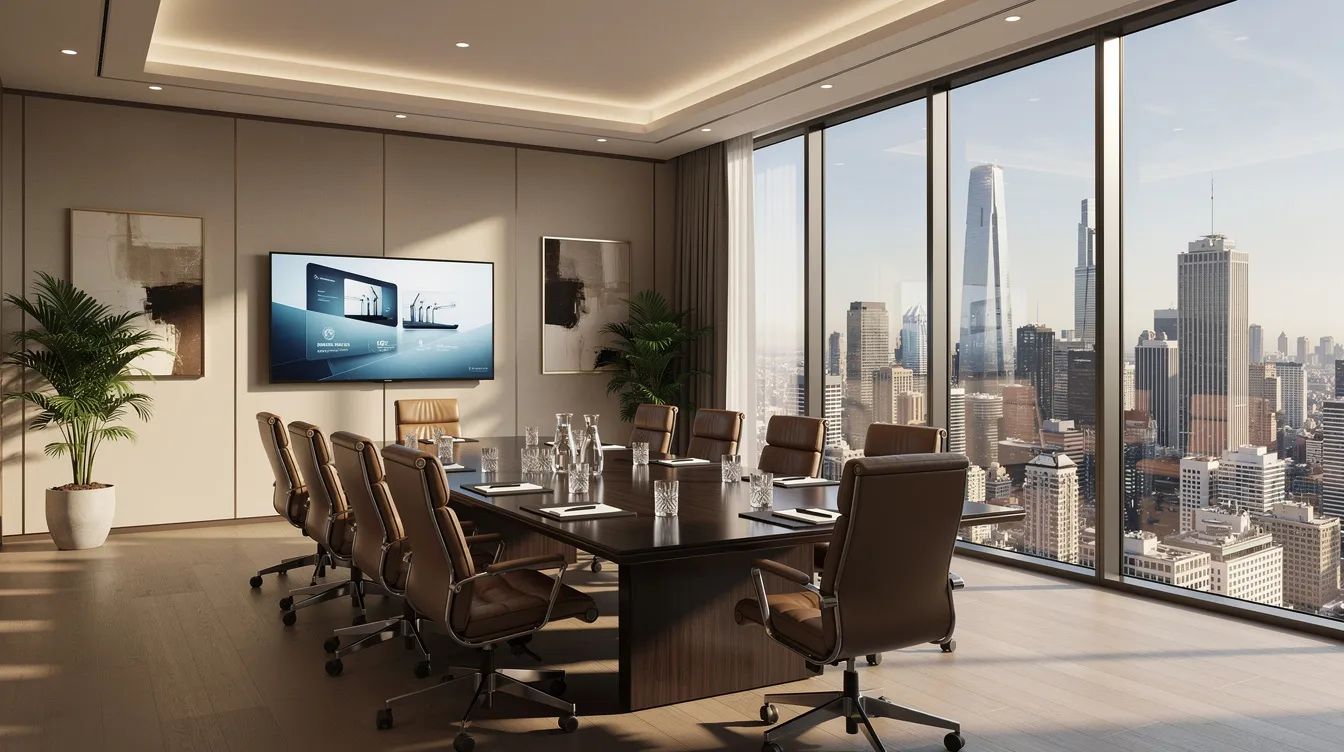 5c003e5e 4f6a 4d4a a3ba 1872fa686d20 The image depicts a modern luxury hotel meeting room featuring large windows that provide a stunning view of a city skyline. This elegant space is designed to accommodate business travelers and enhance hotel performance, contributing to the overall revenue generation in the hospitality industry.