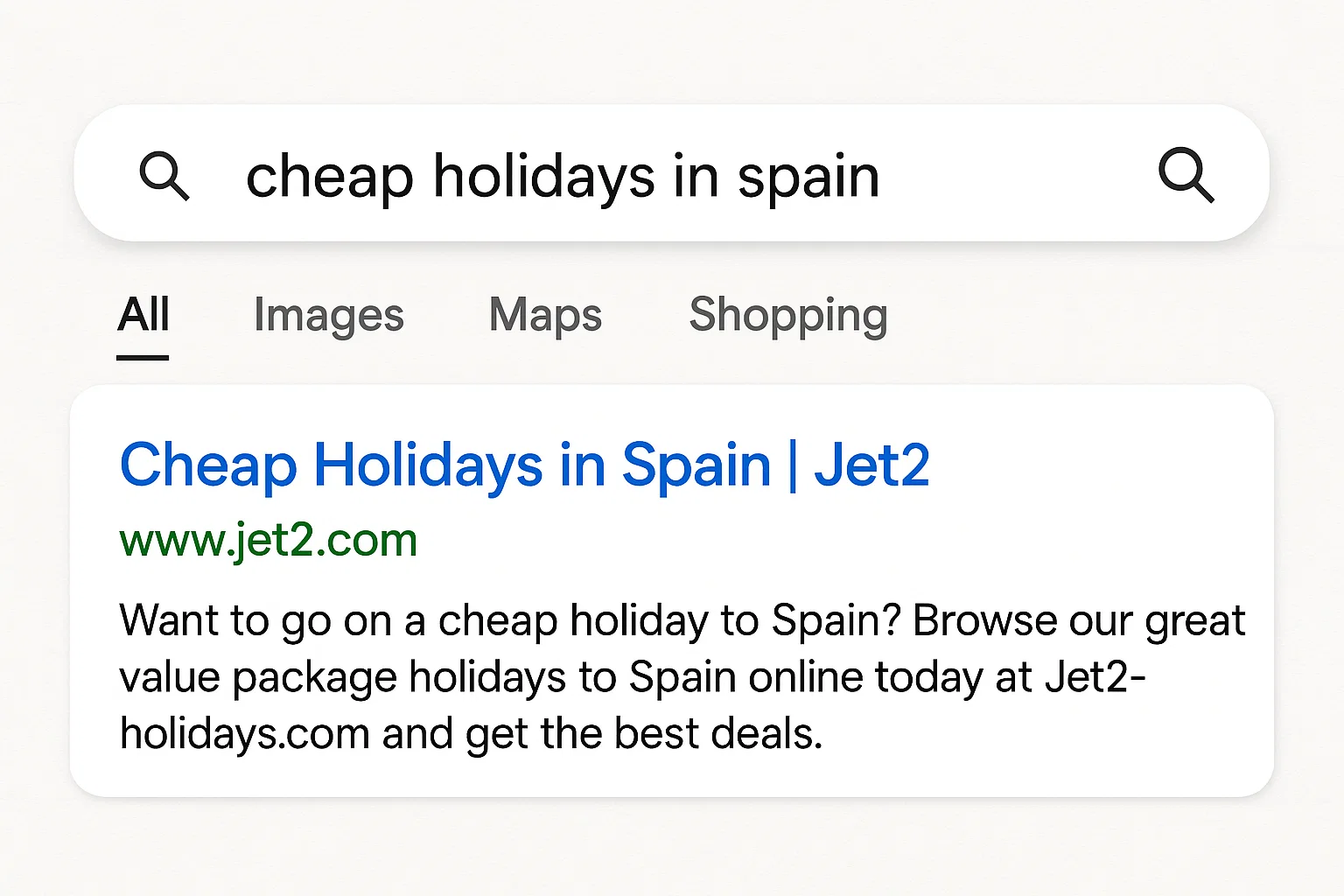Google results showing Jet2 near the top for holiday-related keywords.