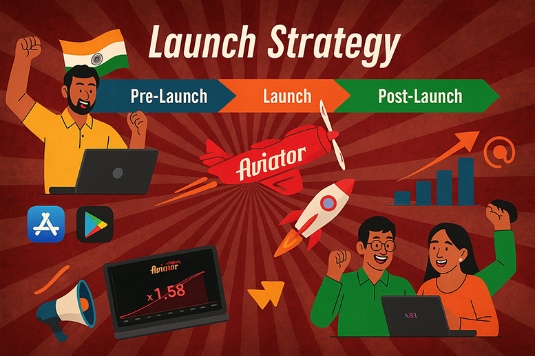 Strategic launch plan for Aviator game development showing pre-launch, launch, and post-launch phases with key milestones