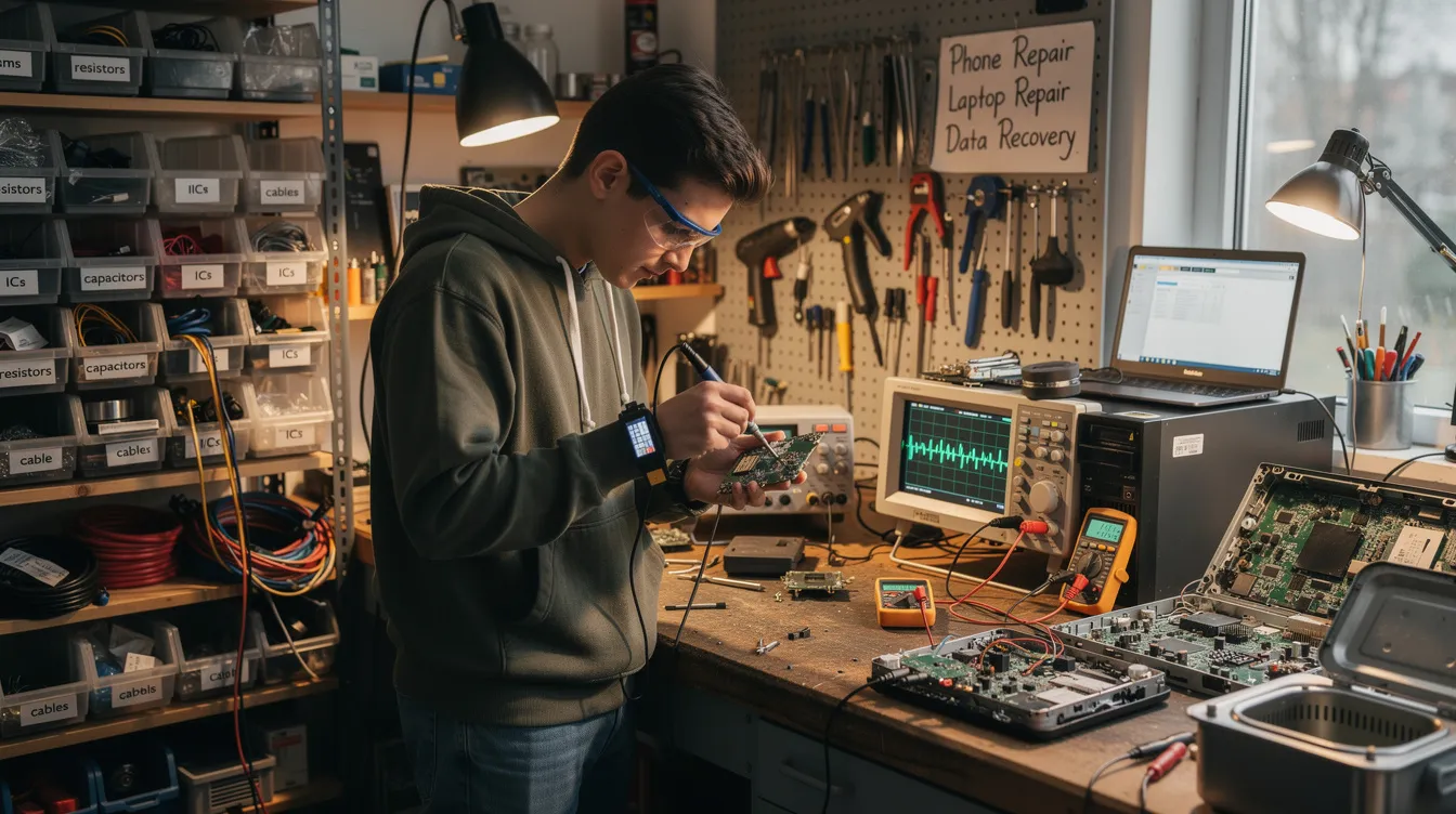 5c041421 57ed 4c3c 8f28 09712571626f A young entrepreneur is focused on repairing electronics in a small shop filled with various tools and equipment. This scene showcases the essence of small businesses, which often seek financial support through options like mudra loans to enhance their operations and ensure business viability.
