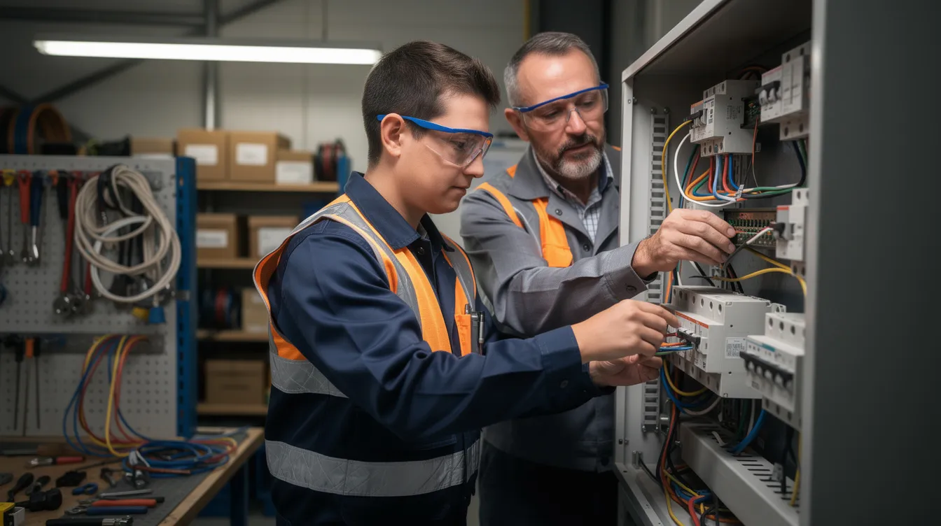 Apprentice working with electrical equipment and receiving guidance from an experienced mentor.
