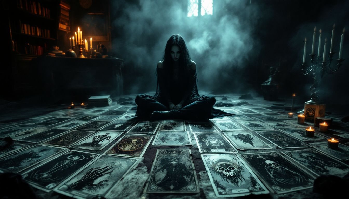 A person meditating with dark tarot cards spread out in front.