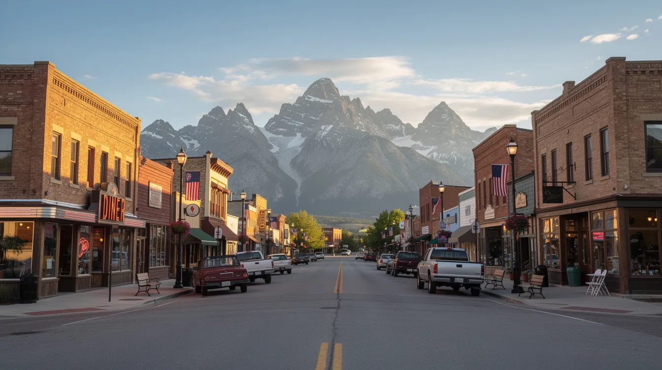 The image depicts a picturesque small-town main street in Montana, lined with charming shops and cafes, while the majestic Rocky Mountains rise in the background, showcasing the beauty of big sky country. This scene highlights the serene atmosphere of Montana, a perfect spot for residents and visitors alike, and evokes a sense of tranquility often sought after in auto transport services within the region.
