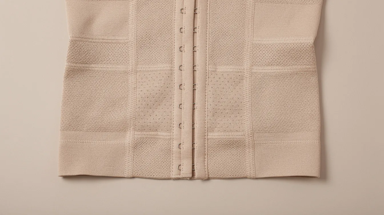 A close-up view of a medical-grade compression garment featuring reinforced panels and hook-and-eye closures, designed for post-surgery recovery. This high compression garment provides targeted support to promote healing tissue and minimize swelling during the first few weeks after procedures like tummy tuck and Brazilian butt lift.