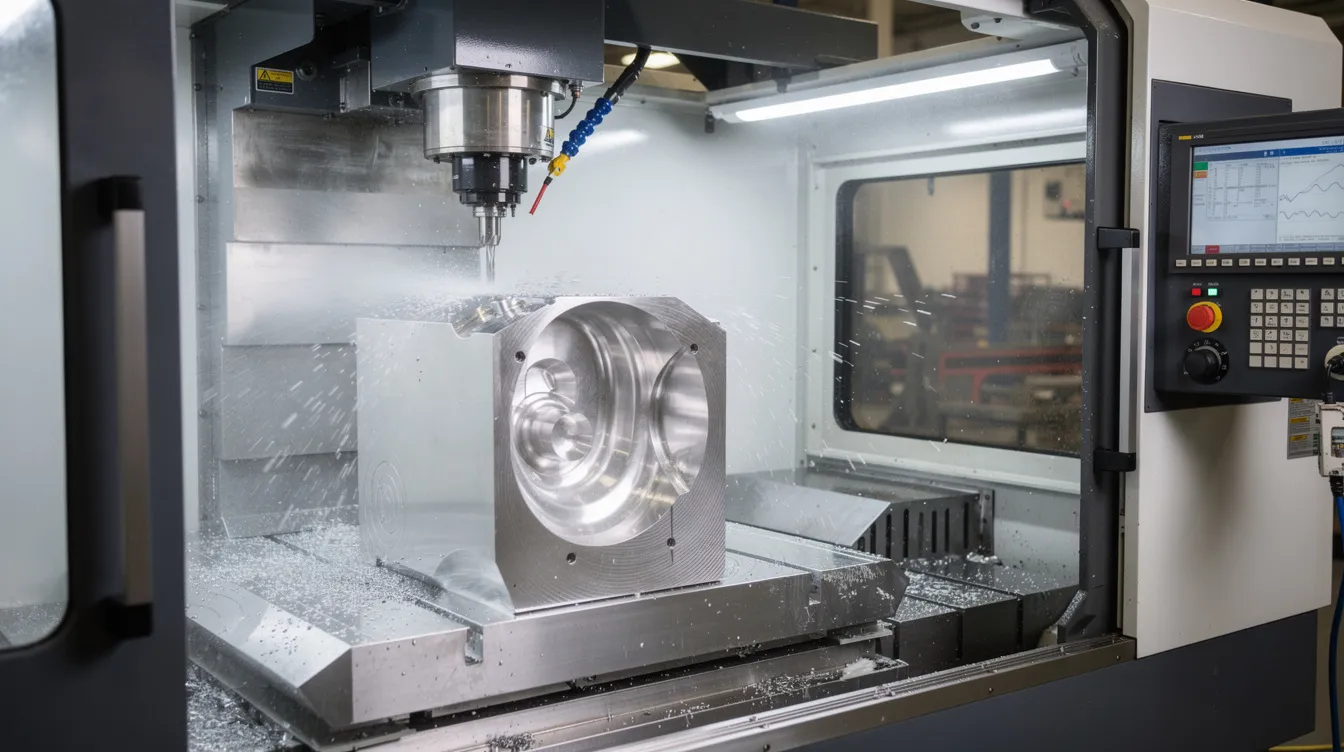 The image depicts a 5-axis CNC machine actively cutting a complex aerospace component from a solid metal block, showcasing the precision of computer numerical control (CNC) technology in modern manufacturing processes. The machine's advanced capabilities allow it to perform intricate machining operations, essential for producing high-quality metal parts in the aerospace industry.
