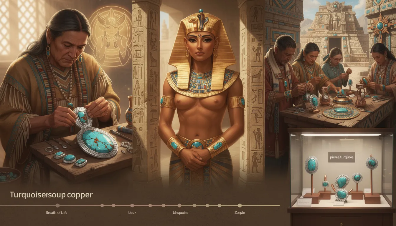 The image showcases a stunning piece of jewellery featuring turquoise with copper, highlighting the vibrant blue and earthy brown tones of the gemstone. This elegant design reflects the cultural significance of turquoise, often associated with protection and beauty throughout ancient times and modern fashion.