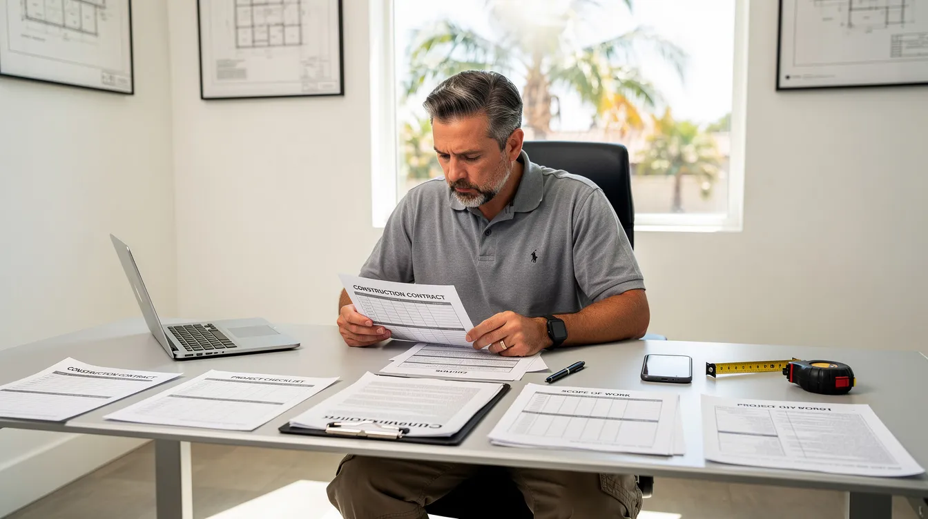 The image shows a Southern California contractor sitting at a desk in an office, focused on reviewing contract paperwork and checklists related to private construction projects. The contractor is likely considering key provisions such as performance and payment bonds, ensuring compliance with California law, and organizing financial aspects of residential projects.