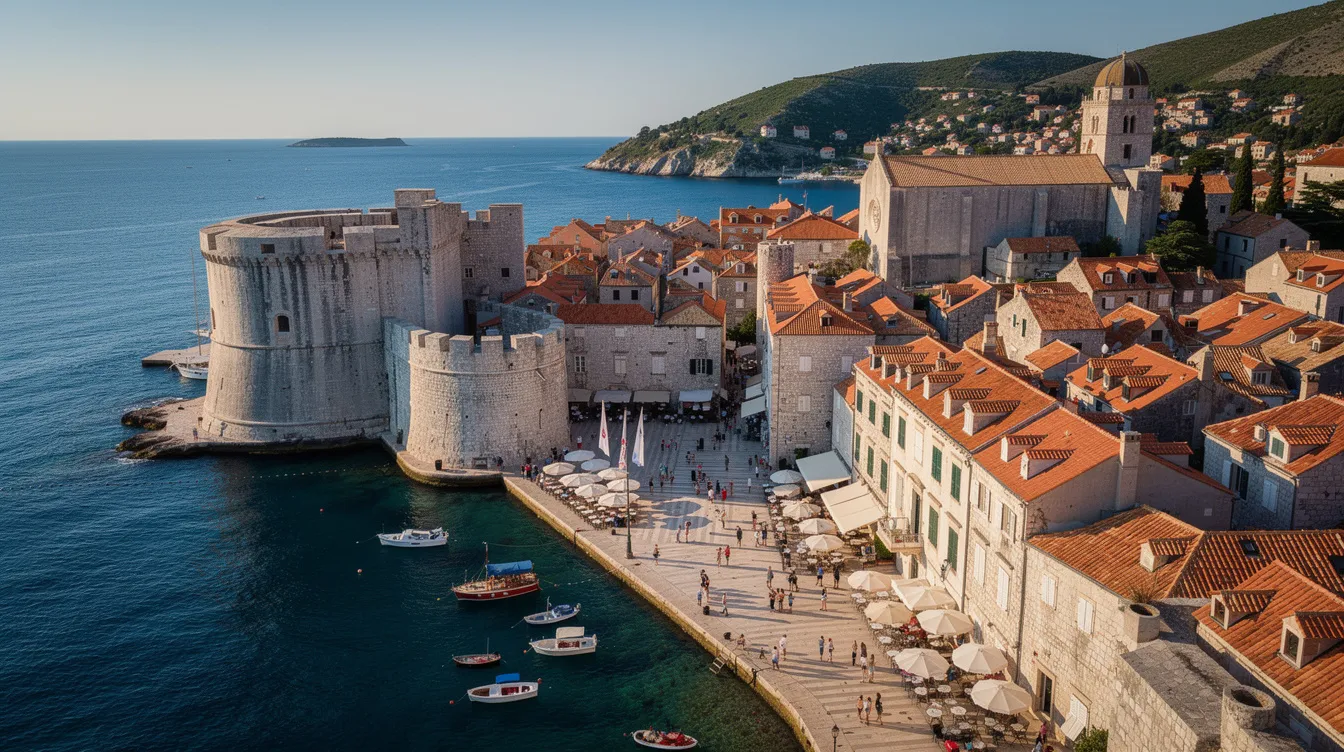 A imagem mostra a cidade de Dubrovnik, na Croácia, conhecida por suas impressionantes muralhas medievais e arquitetura histórica. O cenário é complementado pelo azul intenso do mar Adriático e as montanhas ao fundo, caracterizando a beleza do litoral croata.