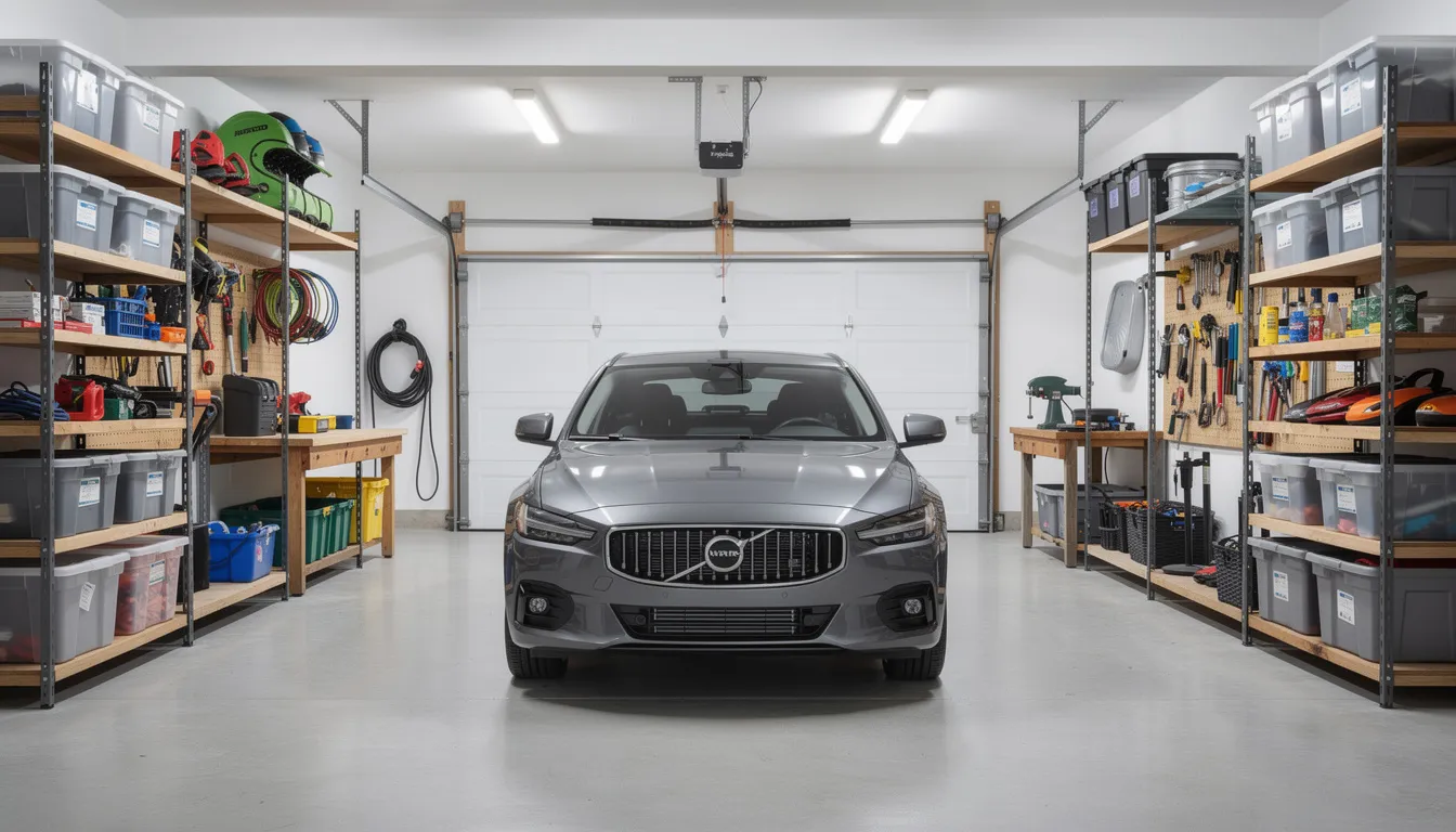 The image shows a clean and organized garage with a parked car inside, surrounded by neatly arranged storage shelves along the walls. This functional space highlights the benefits of professional garage cleanout services, transforming cluttered areas into valuable, stress-free environments.