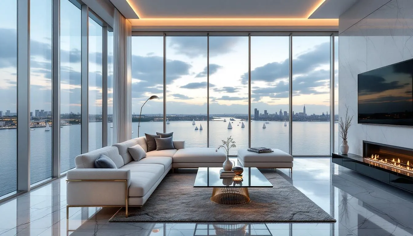The image showcases the luxurious interior of a condominium featuring floor-to-ceiling windows that provide a stunning view of the river, emphasizing the upscale living experience in Fort Myers. This elegant space is ideal for buyers interested in Pointe Royale real estate, offering access to exclusive amenities and a vibrant lifestyle near Virginia Avenue and the fishing pier.