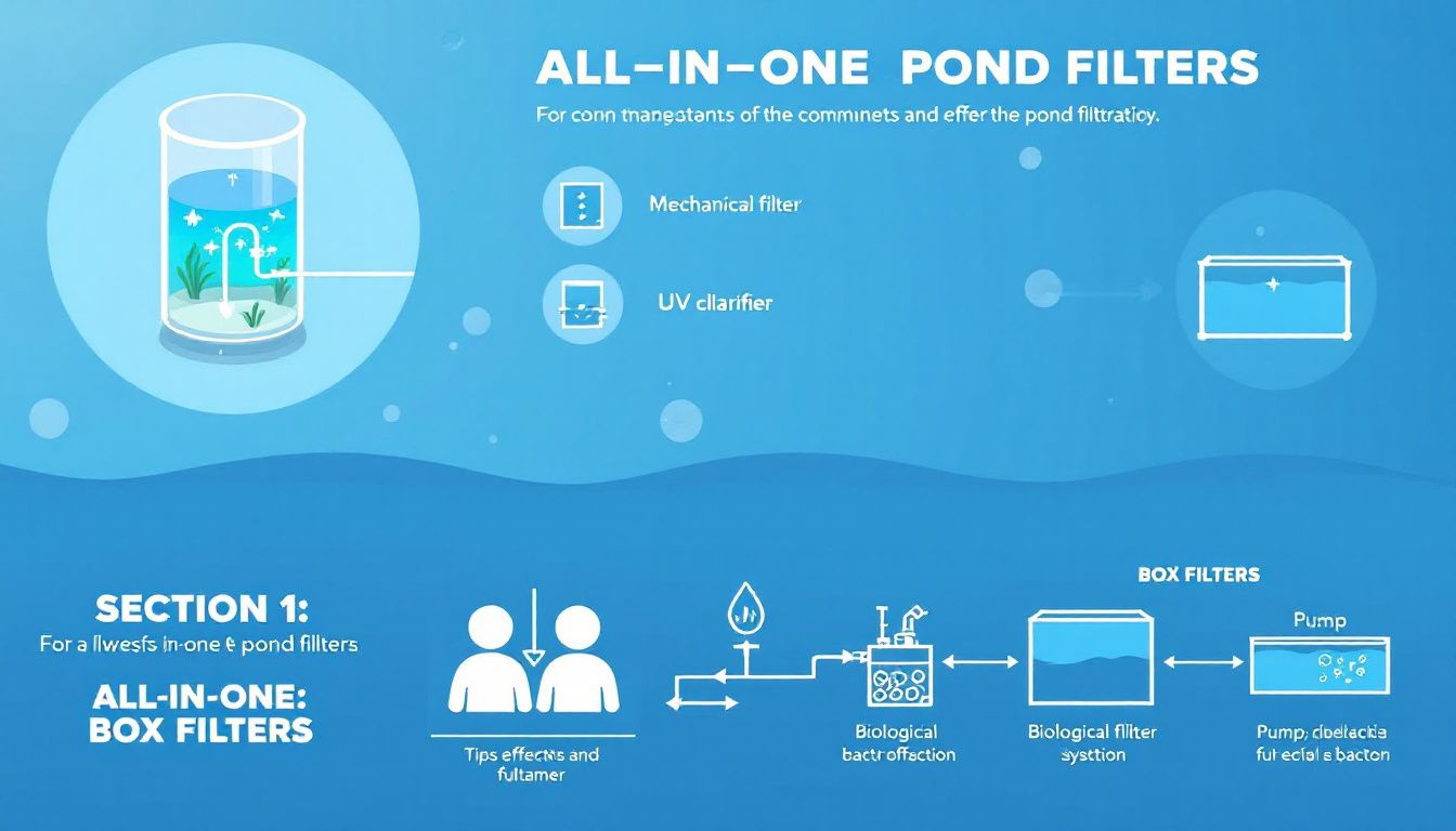 Types of pond filters including all-in-one and box filters.