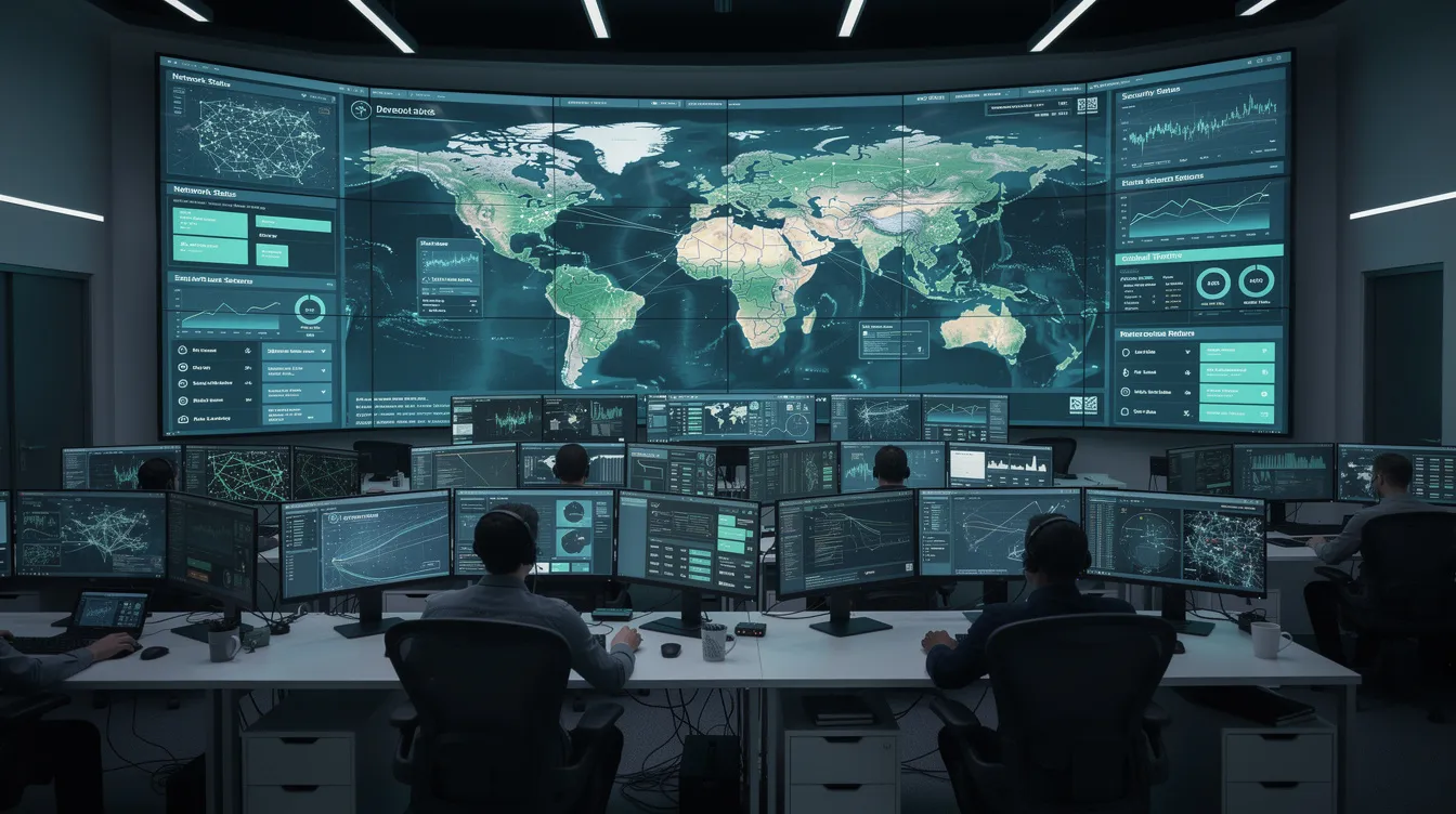 The image depicts a modern network operations center featuring multiple large screens displaying various metrics related to network performance and connectivity. Network administrators monitor data packets, traffic flows, and device communications, ensuring optimal performance across the IP connectivity access network.