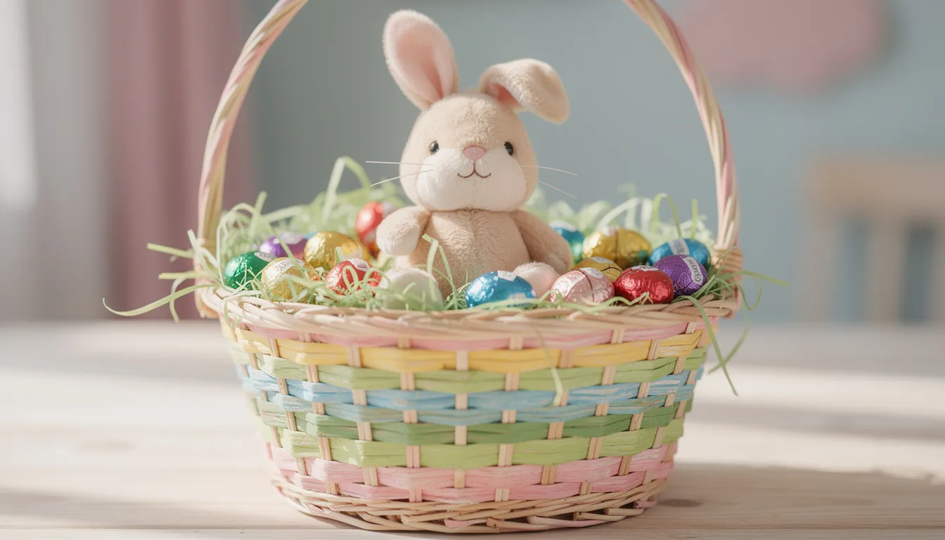 Kolorowy koszyczek wielkanocny wypełniony czekoladowymi jajeczkami oraz pluszowym zajączkiem, który jest idealnym prezentem na święta. W koszyczku znajdują się również słodycze oraz zabawki, które wywołują uśmiech u najmłodszych dzieci.