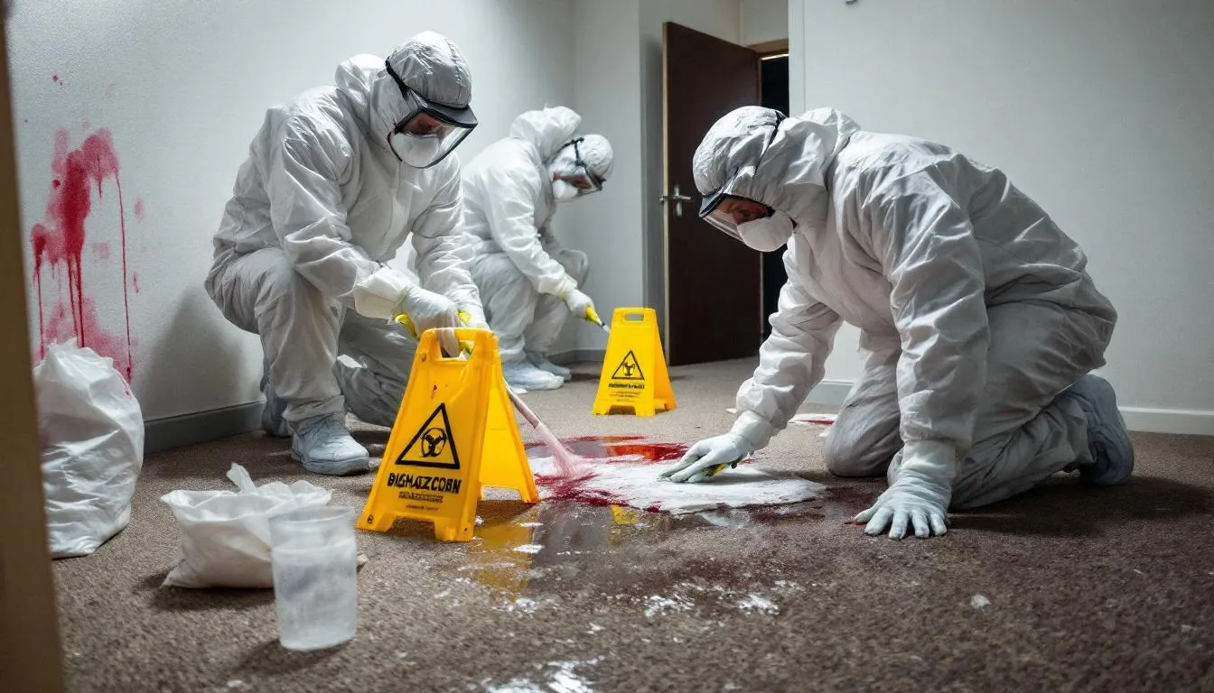 A crime scene cleanup team is diligently working through decontamination procedures, wearing personal protective equipment as they handle biohazards and potentially infectious materials. The professionals are focused on ensuring public health and safety while meticulously cleaning the trauma scene.