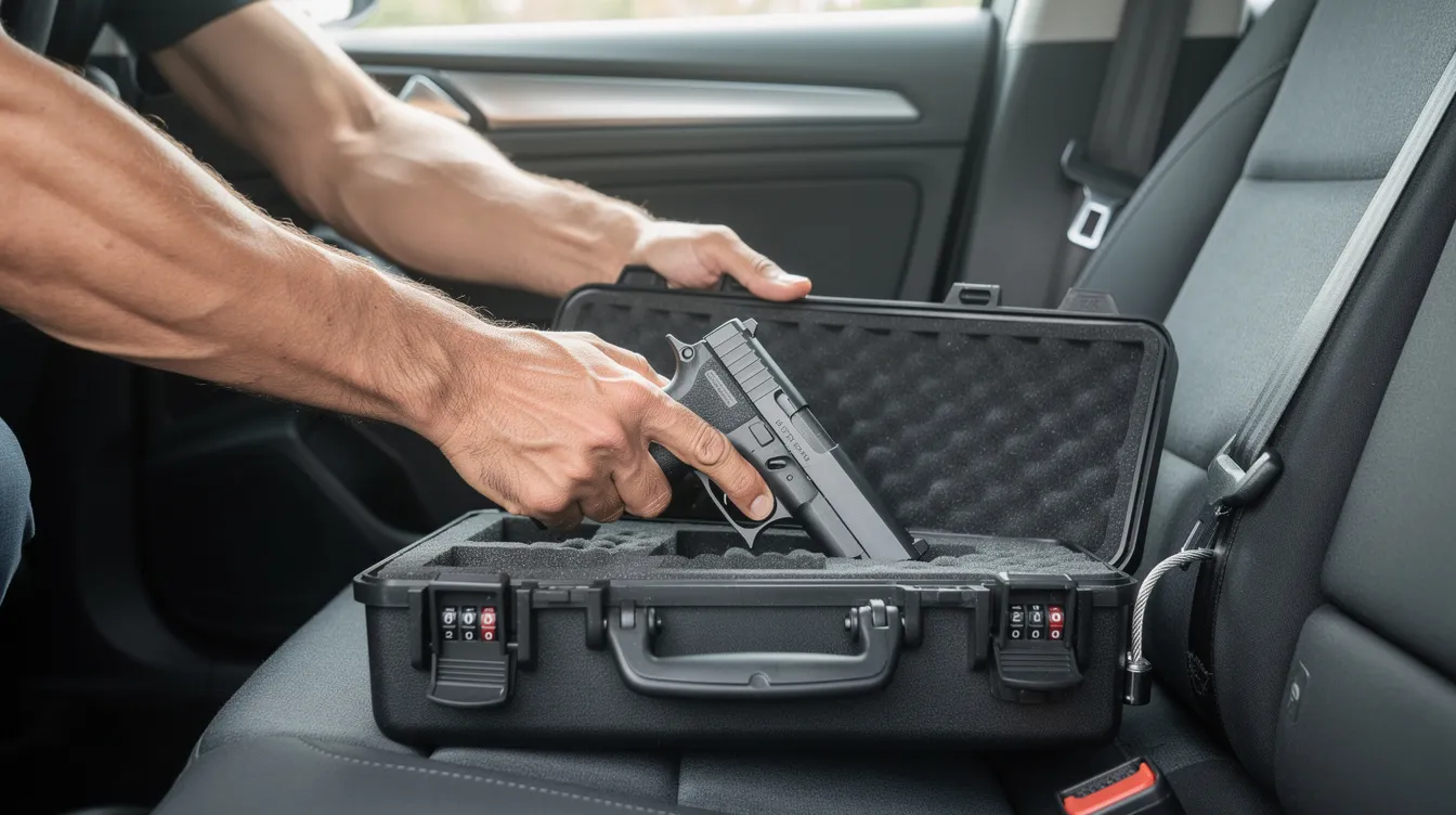The image depicts a person securely placing a handgun into a locked case inside a vehicle, emphasizing safe storage practices in accordance with gun laws. This scenario highlights responsible firearm ownership, relevant for those with a concealed carry permit or valid concealed carry endorsement.