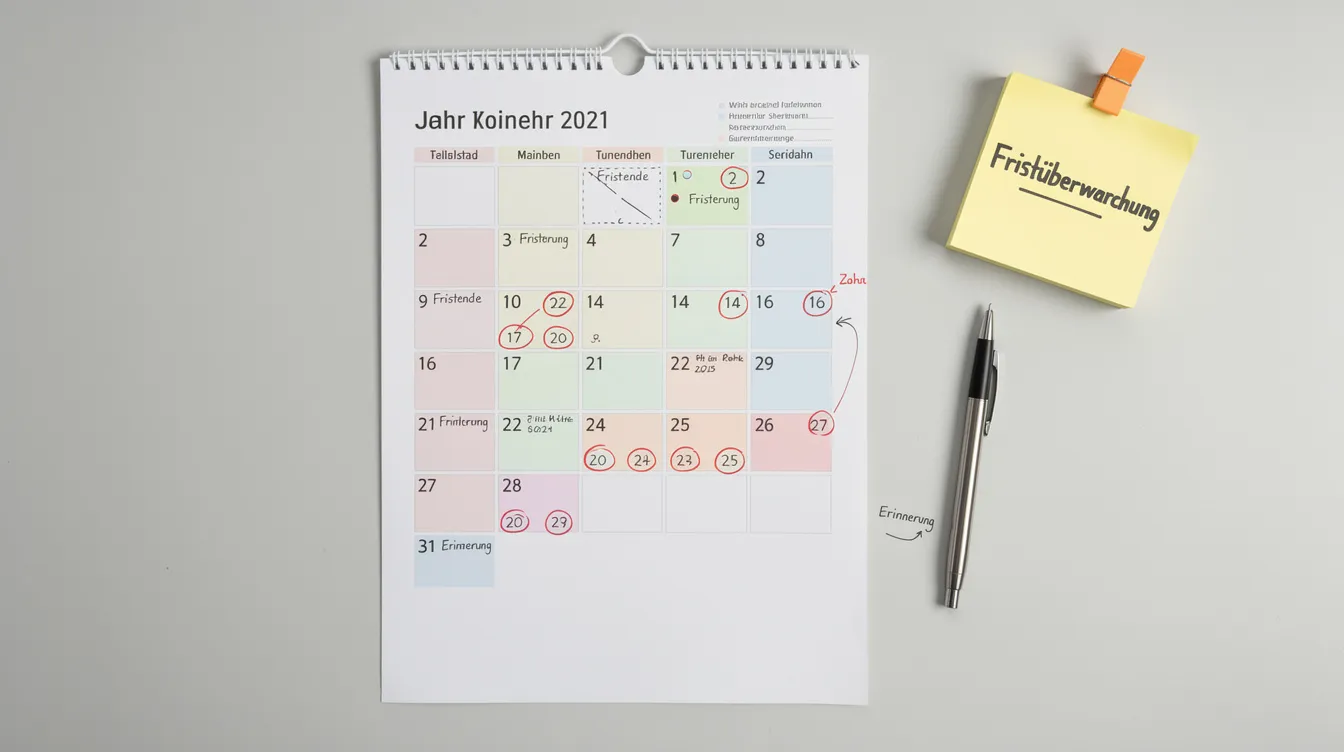 Das Bild zeigt ein Kalenderblatt mit hervorgehobenen Monaten, die für Fristüberwachungen wichtig sind, sowie einer Notiz, die auf die Überprüfung der Kosten der Unterkunft und Heizung hinweist. Diese Informationen sind besonders relevant für Personen, die Leistungen wie Bürgergeld oder Grundsicherung beantragen.