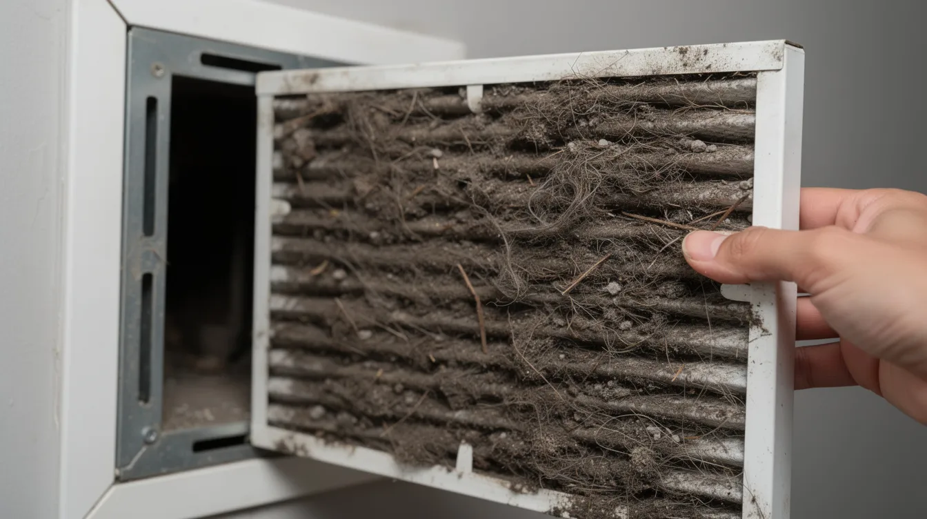A close-up view of a very dirty and clogged HVAC air filter being removed from a return vent, highlighting the importance of regular maintenance for indoor air quality and efficient air conditioning. This image serves as a reminder for homeowners in New Orleans to address HVAC issues to ensure reliable comfort during intense heat.