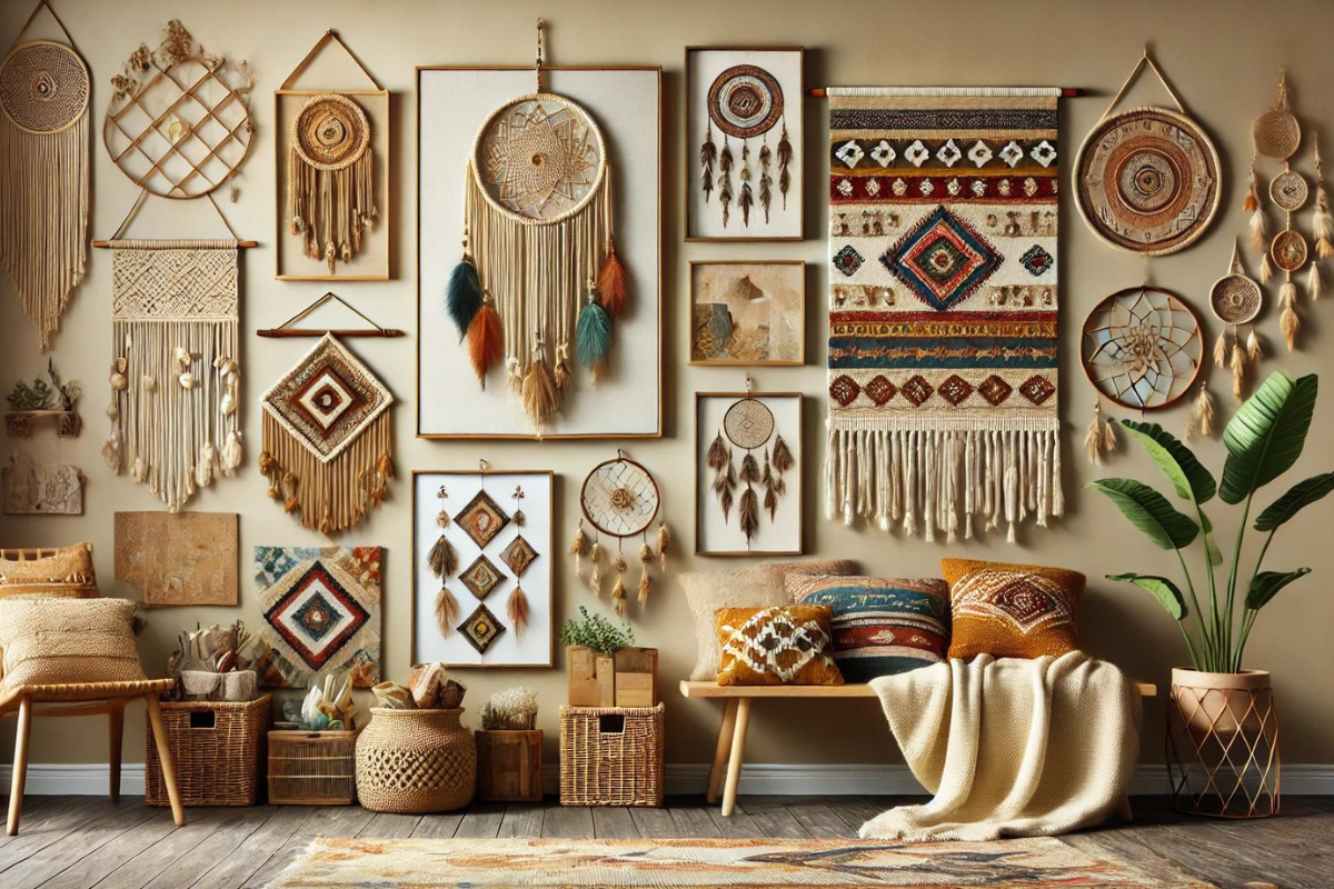 An artistic representation of wall art and hangings in a boho style space.