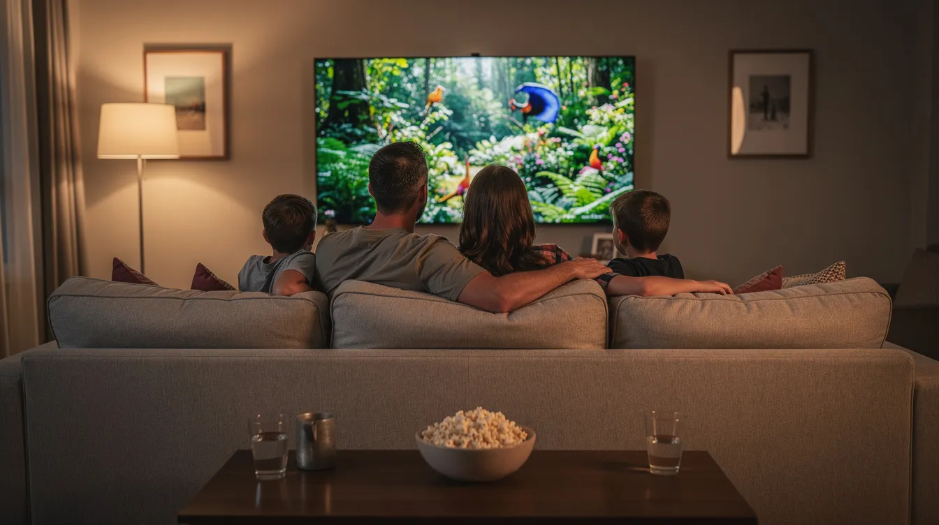A family of four is comfortably seated on a couch, enjoying a nature documentary on their large flat-screen TV, showcasing a vibrant display of wildlife. This scene highlights the modern entertainment experience provided by IPTV services, allowing viewers to access a variety of live TV channels and documentaries.