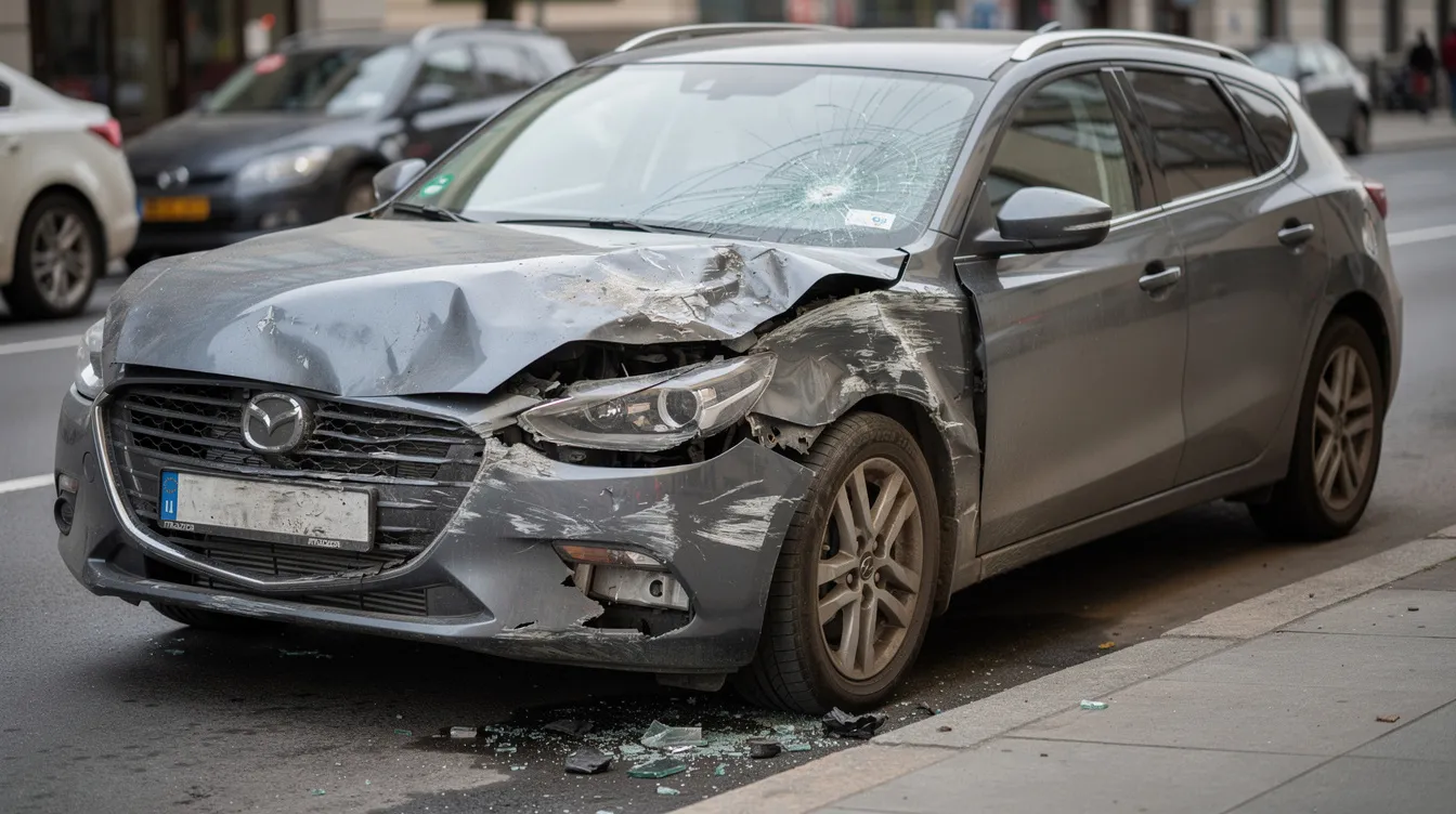 The image shows a damaged vehicle with significant collision damage, indicative of a car accident likely caused by reckless driving behaviors. The scene highlights the consequences of reckless driver's actions, emphasizing the need for victims to seek legal counsel and pursue compensation for their injuries and vehicle repairs.