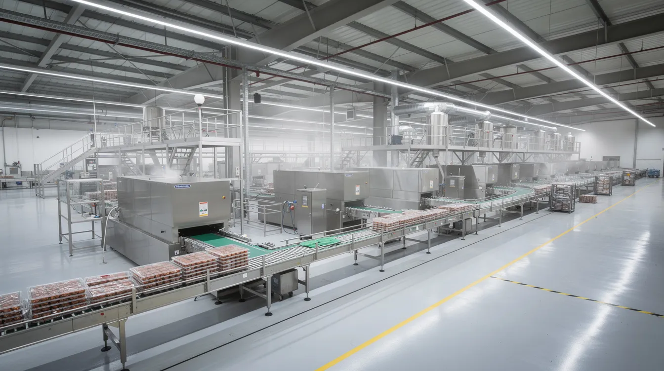 5c18ba01 fdf2 4489 8c9c 64010ba5d212 The image depicts the interior of a large industrial food processing facility, showcasing stainless steel equipment and conveyor belts designed for high-capacity production. This setup is ideal for manufacturing puffed rice, with machines like the murmura making machine and rice roasting machine, emphasizing automation and efficiency in the food industry.