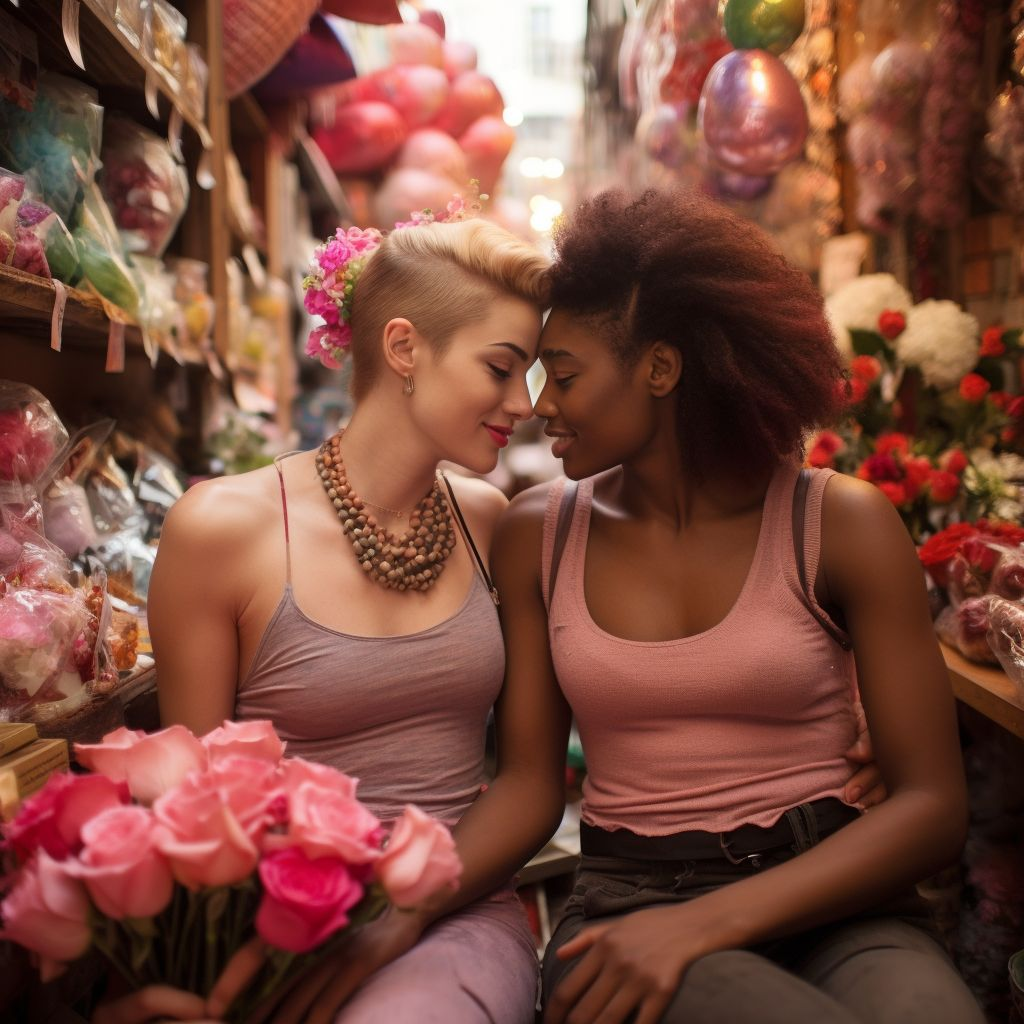 Lesbian couple surrounded by pink and red flowers on  February 14, valentines celebration in February