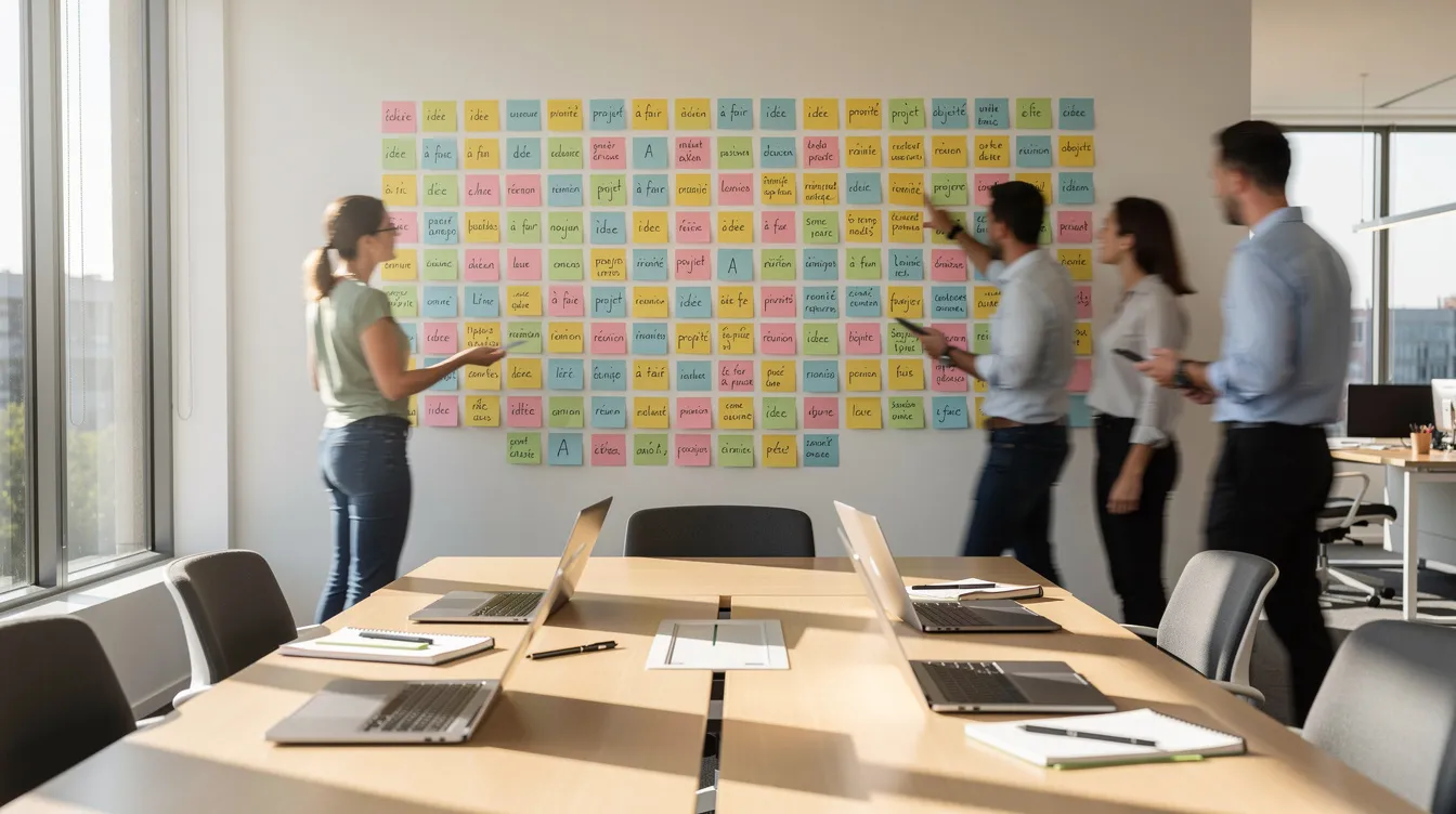 L'image montre un espace de travail collaboratif où des post-it colorés sont accrochés sur un mur, reflétant une dynamique d'équipe et un style de management participatif. Cet environnement favorise la communication et l'engagement des collaborateurs pour atteindre des objectifs communs.