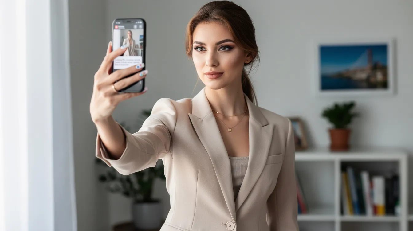 The image shows a confident woman posing for her dating app profile picture, radiating self-awareness and attractiveness. She is likely searching for the right person to connect with, emphasizing her true self and interests in her online dating bio.