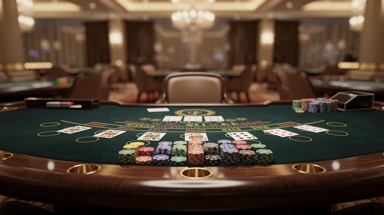The image features an elegant live dealer table set up for casino games, complete with neatly arranged cards and colorful chips. This sophisticated setting highlights the immersive gaming experience offered by online casinos like Rolling Slots, where players can enjoy live casino games in a secure environment.