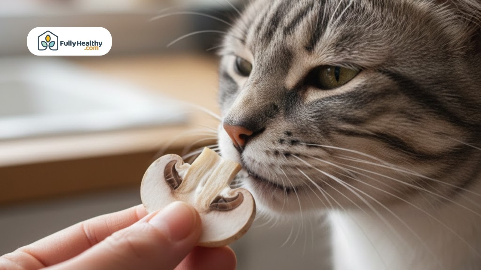 Close-up of cat sniffing sliced raw mushroom held by person