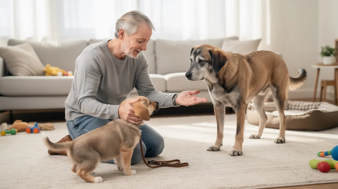The image depicts a new puppy and an older dog meeting for the first time in a neutral location, with both dogs displaying calm behavior while their human family members supervise the introduction. The scene captures the essence of introducing a new puppy to an existing dog, highlighting the importance of proper body language and communication skills during their first encounter.