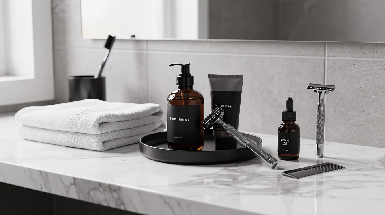 The image features a clean and modern bathroom counter showcasing a variety of men's grooming products, including a bottle of moisturizing body wash and bar soap. These products are neatly arranged, emphasizing their benefits for different skin types, such as soothing ingredients for sensitive skin and a rich lather for a refreshing shower experience.