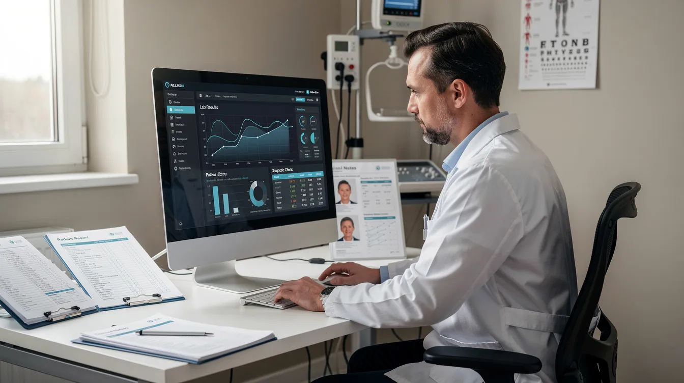 A physician is intently reviewing test results on a computer screen, with patient charts visible in the background, emphasizing the importance of accurate data in preventing medical errors and improving patient safety. This scene highlights the critical role of healthcare professionals in managing patient records and ensuring appropriate treatment.