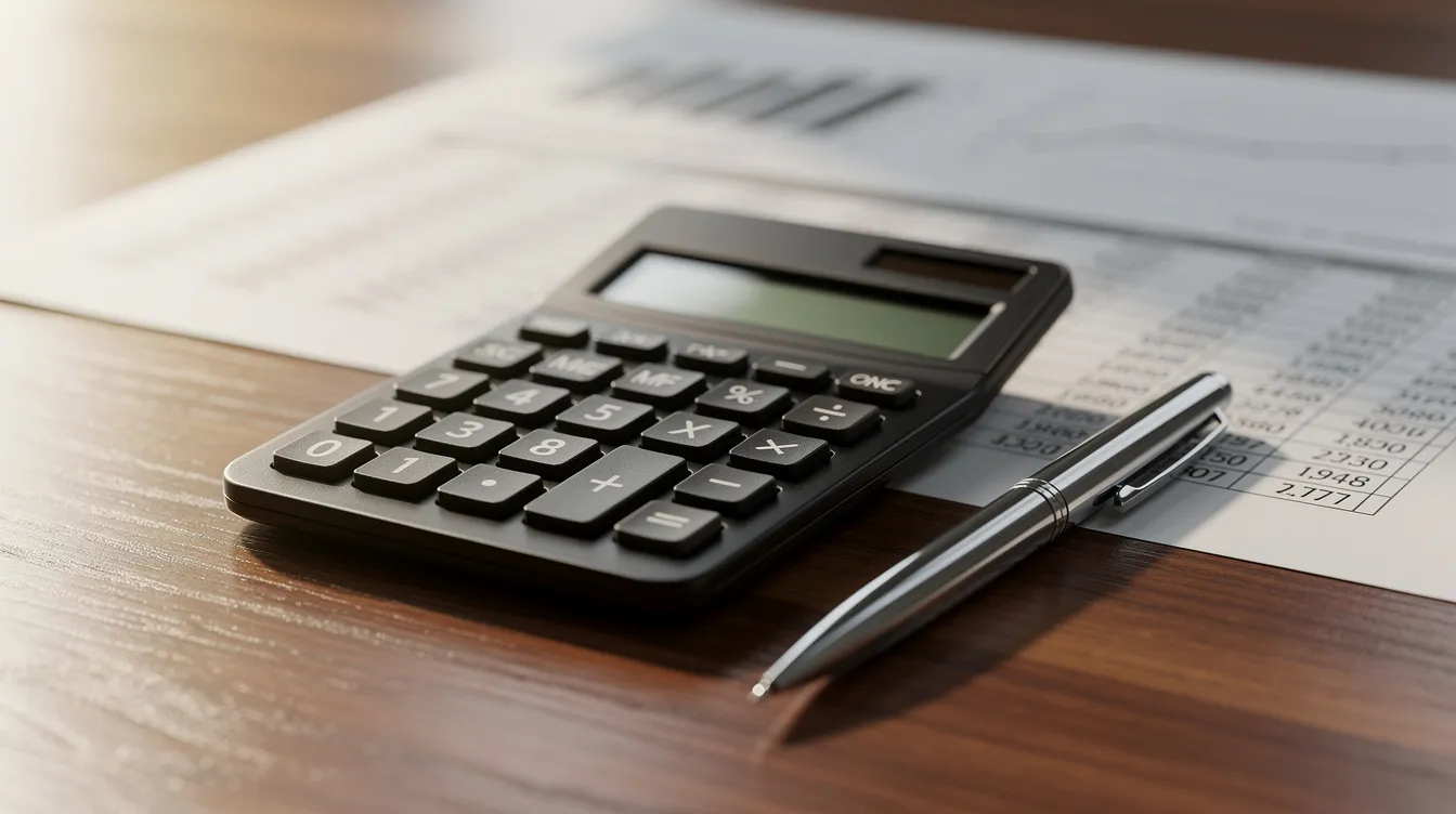 A close-up view of a calculator, financial spreadsheets, and a pen resting on a wooden desk, indicating a focus on detailed project reports and business plans related to the ghee manufacturing sector. This setup suggests an analysis of costs and profitability in the ghee production industry.
