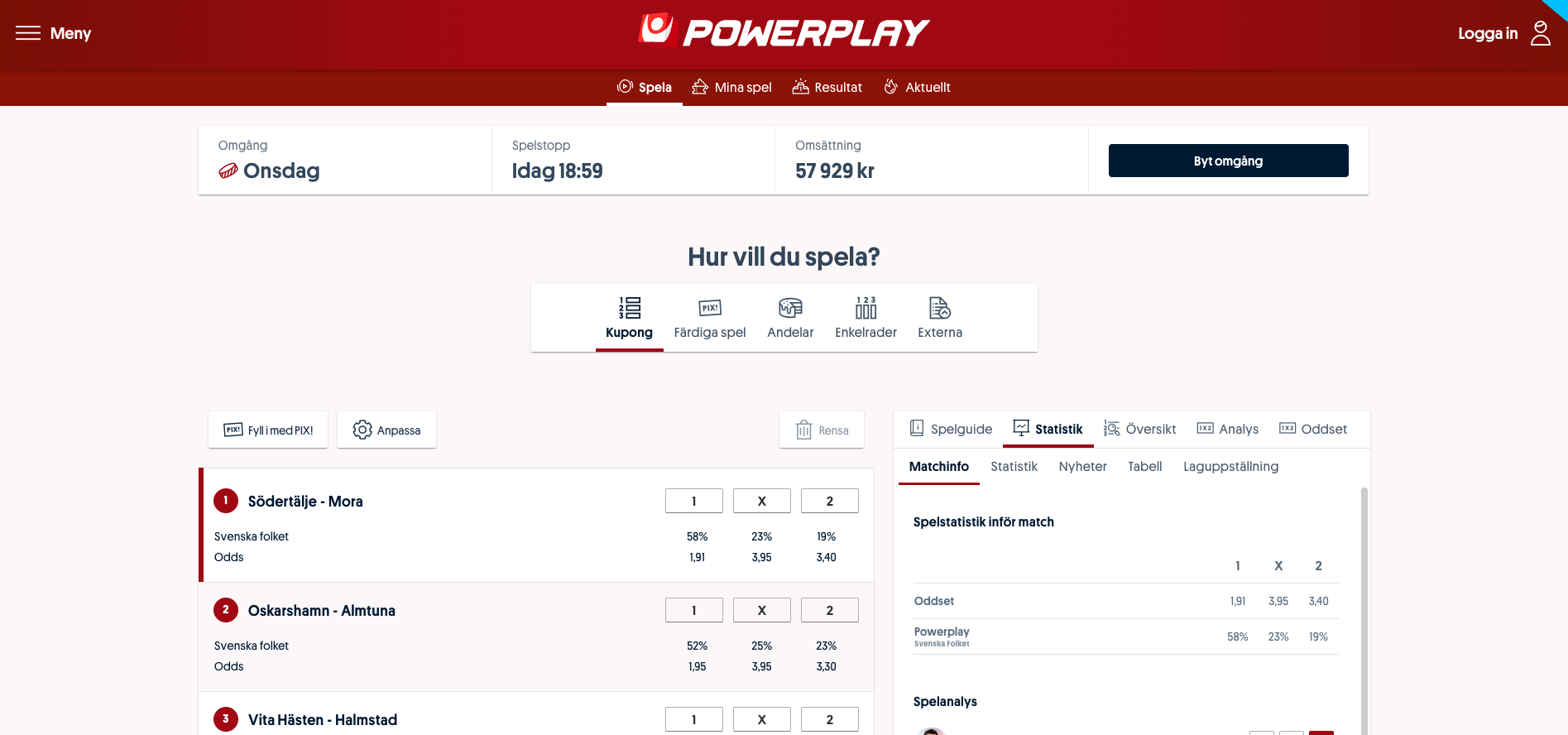 Powerplay hos Svenska Spel Sport & Casino där spelare kan spela på ishockeymatcher som Södertälje–Mora, se odds, statistik och fylla i spelkupong online på webbplatsen, 18 år gäller och spelstopp finns via Spelkoll.