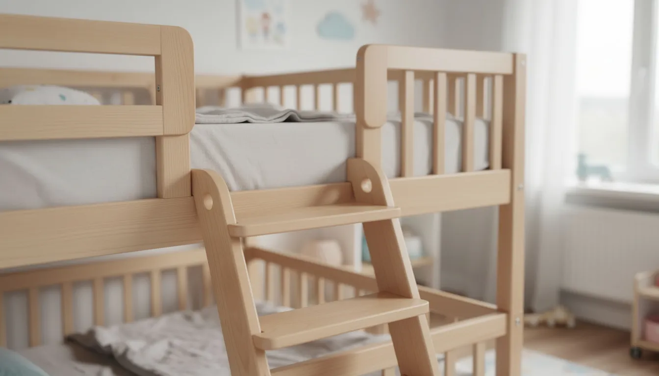 Hoogslaper bureau: dé ruimtebesparende oplossing voor kinder- en tienerkamers Close-up van een veilige ladder met hoge zijhekken bij een kinderhoogslaper, die zorgt voor een praktische oplossing in kleine ruimtes. Deze hoogslaper biedt extra ruimte voor een bureau en opbergruimte, perfect voor een gezellige studentenkamer of speelruimte voor kinderen.