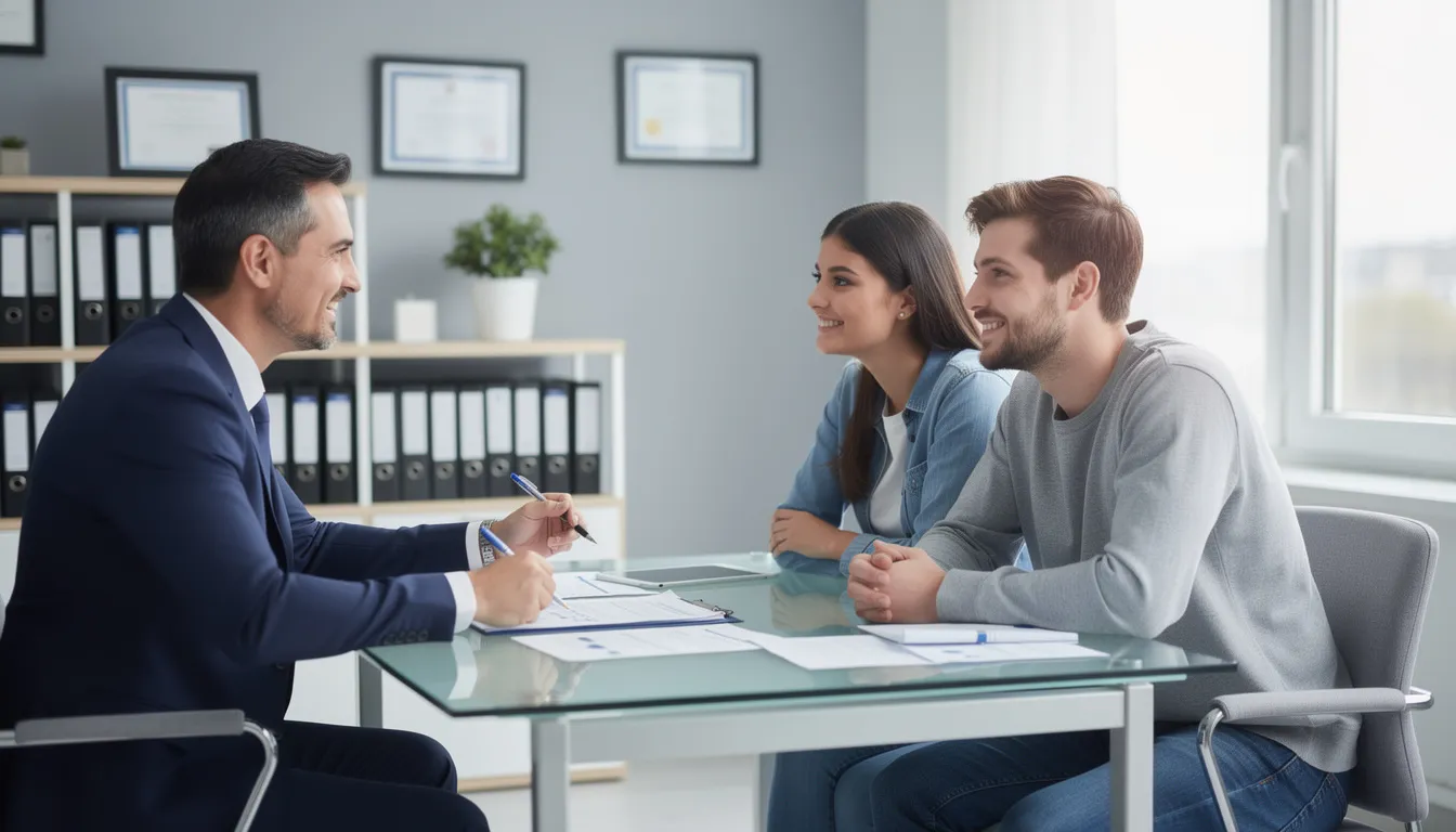 The image shows an insurance agent discussing options with a young couple in an office setting, focusing on topics such as choosing the right deductible for their insurance policy. The agent is likely explaining how different deductible amounts can affect their monthly premiums and overall insurance coverage, helping the couple make informed decisions about their financial situation.