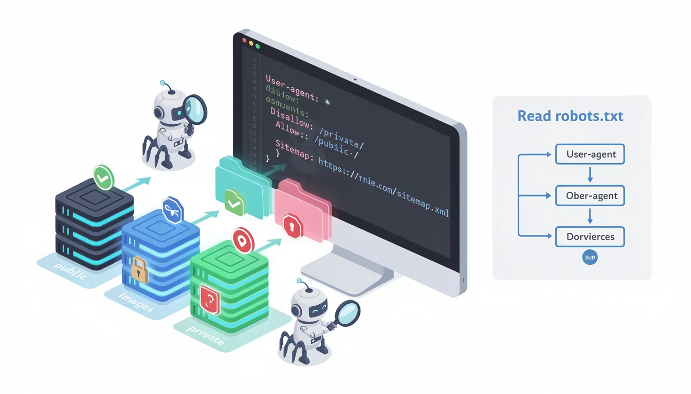The image illustrates the structure and standard directives of a robots.txt file, which is a powerful tool for website owners to manage how search engine crawlers, such as Googlebot and Bingbot, interact with their web pages. It highlights various directives like "disallow" and "allow," which instruct search engines on which pages to index or exclude, thereby influencing the site's SEO performance and search results.