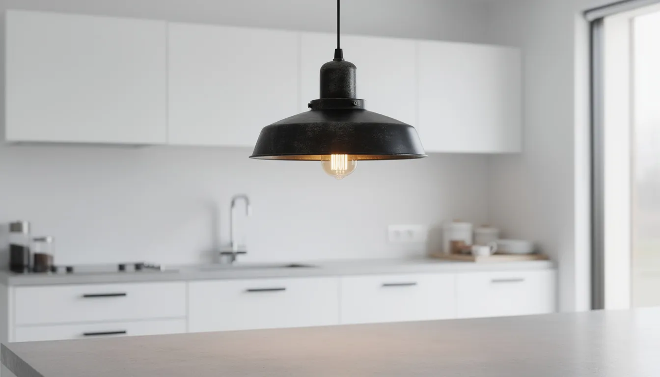 En industriell svart metallpendel hänger ovanför matbordet i ett modernt kök, med en synlig glödtrådslampa som ger ett varmt och inbjudande ljus. Den stilrena designen passar perfekt in i rummet och bidrar till en trevlig stämning.