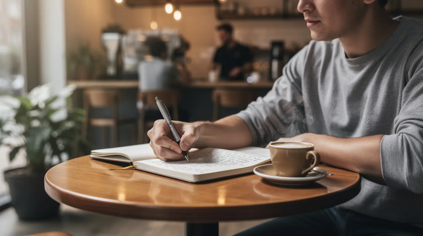 A person is sitting at a cozy coffee shop, deeply focused on writing in a journal, which reflects their journey of self-discovery and personal growth. This scene captures the essence of maintaining healthy relationships and emotional well-being, as they explore their thoughts and feelings related to attachment styles and emotional health.