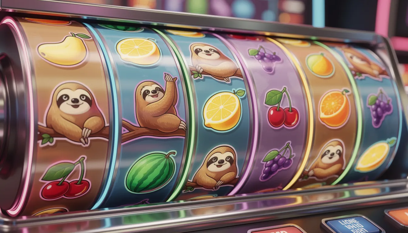 En färgglad slotmaskin med snurrande hjul prydda med olika fruktsymboler, som representerar spännande spelupplevelser hos hyper casino. Den livliga designen skapar en festlig atmosfär för spelare som vill njuta av casino bonusar och underhållande slots.