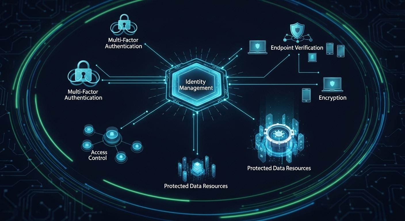 Digital security ecosystem with identity management, multi-factor authentication, endpoint verification, and protected data resources.
